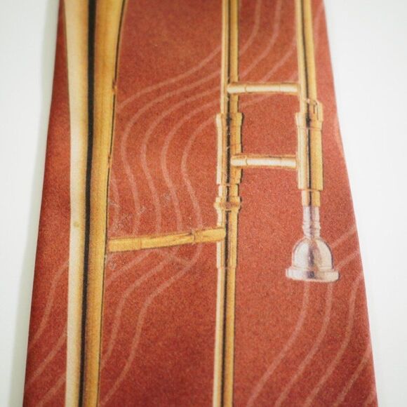 Ralph Marlin Trombone & Notes Brown Black Print Polyester Tie - Picture 3 of 8